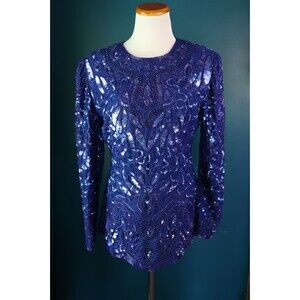 Vintage Laurence Kazan Midnight Blue Beaded Sequin Long Sleeve Fantasy Fairy Top